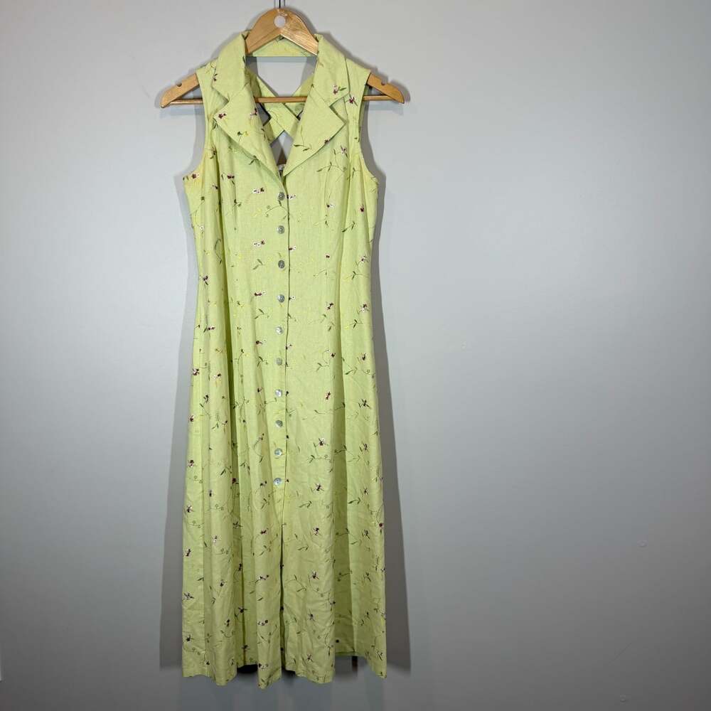 Sheri Martin New York Vintage Floral Embroidered Linen Blend Midi Dress Size 6